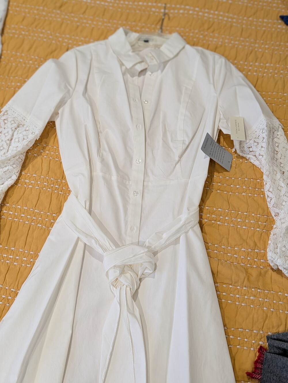 Tash + SOPHIE White Lace-Sleeve Shirt Dress with Waist Tie